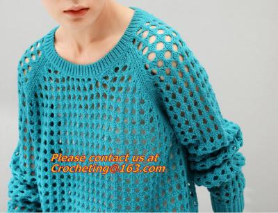 Crochet,Women Loose Crochet Knitted Blouse Wears O-Neck Hollow Pullover Wool Sweaters Top
