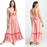 verão maxi do vestido de 2018 mulheres de linho cor-de-rosa do bordado