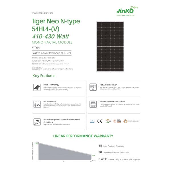 Jinko Tiger Neo N-Type 54HL4-V 410W 415W 420W 425W 430W Jinko Солнечные фотоэлектрические панели