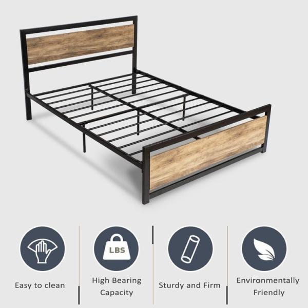 Roydom Wooden Metal Furniture Full Size Iron Bed Frame With Wood Headboard