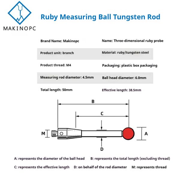 M4 Screw Ceramic Rod Stylus 6mm Ruby Head 3D Probe Edge Finder 50mm Replacement Makinopc Milling Machine Tools Accessories