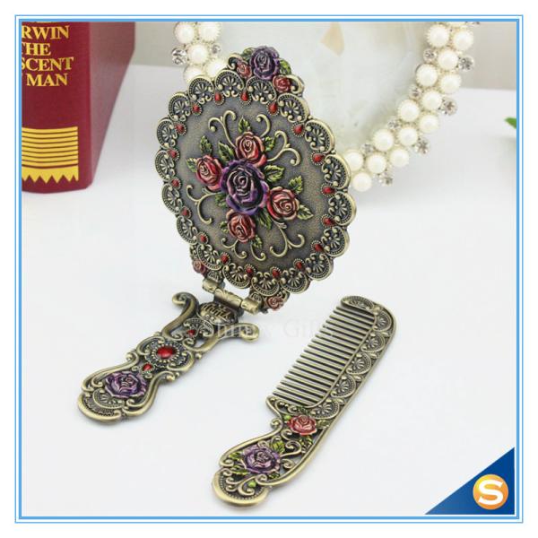 Circular Rose Design Classic Retro Makeup Mirrors One Side Ladies Handle Metal Cosmetic Mirrors
