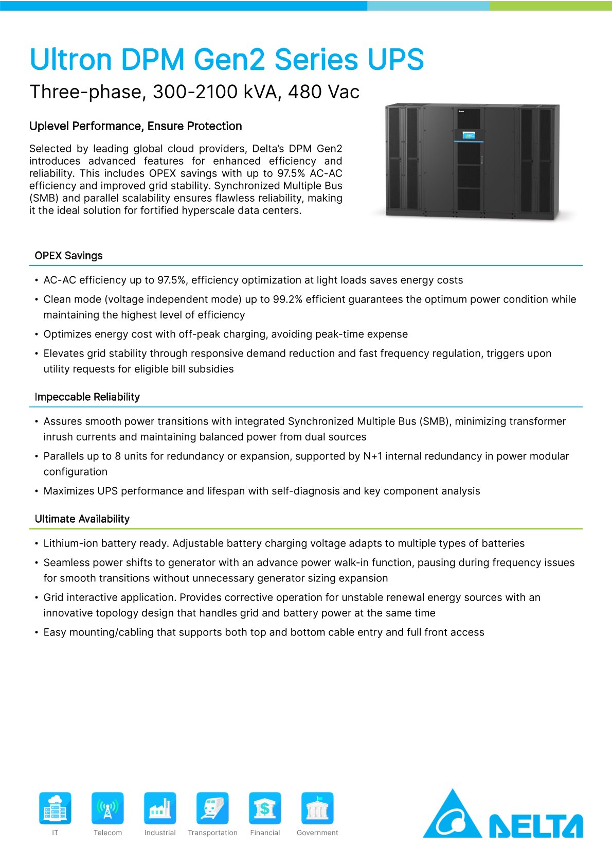 DELTA Ultron DPM Gen2 Modular UPS 300-2100 KVA 480V UL Certified Three-phase Uninterruptible Power Supply