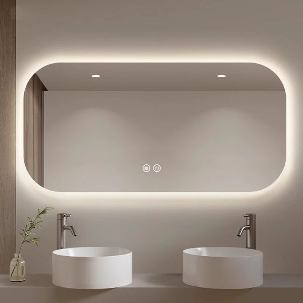 Kingstin Panoramic Frameless Smart LED Bathroom Mirror - Rounded Backlit Vanity Mirror with Defogger & Time Display