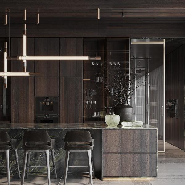 Muebles para el hogar de lujo Modular Veneer de madera de nuez Matt Negro Color Puerta de vidrio Gabinete de cocina Diseño moderno