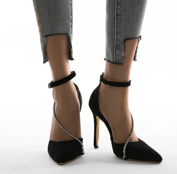 Customized OEM Women Pointed Toe Pumps Crystal Glitter Square Buckle