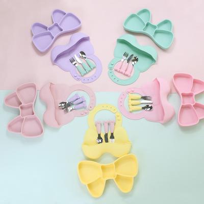 Bebê Geschirr que desmama a forquilha de aço inoxidável da faca da colher da placa do babador do grupo dos utensílios de mesa do silicone