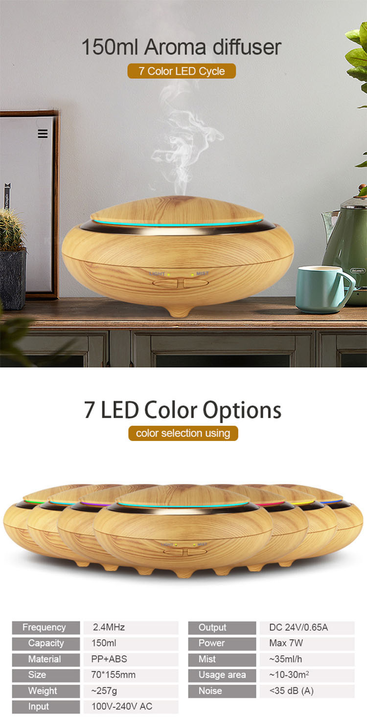 UFO Shape 150ml Ultrasonic Aroma Diffuser 7 Color LED Lights Pear Wood Electrical Essential Oil Humidifier Machine for Room Use