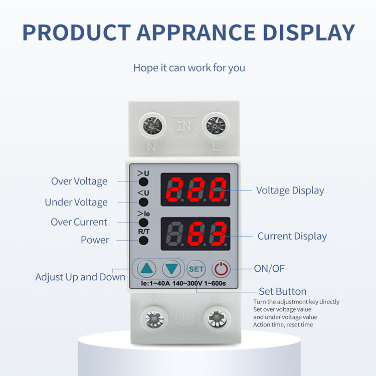 Single Din Rail 63A 40A Dual LED Display Voltage Protector Adjustable Over Under Voltage Protective Relay for Single Phase