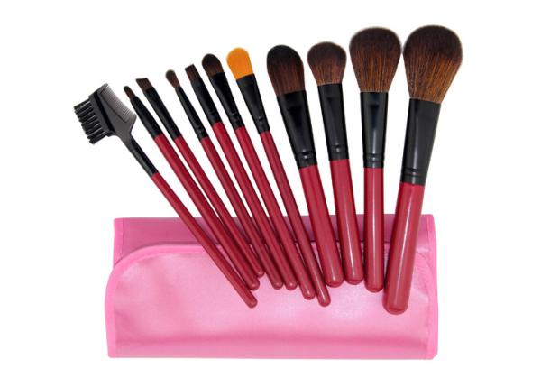 11 Pcs Synthetic Hair Red Natural Makeup Brush Set With Aluminum Ferrule