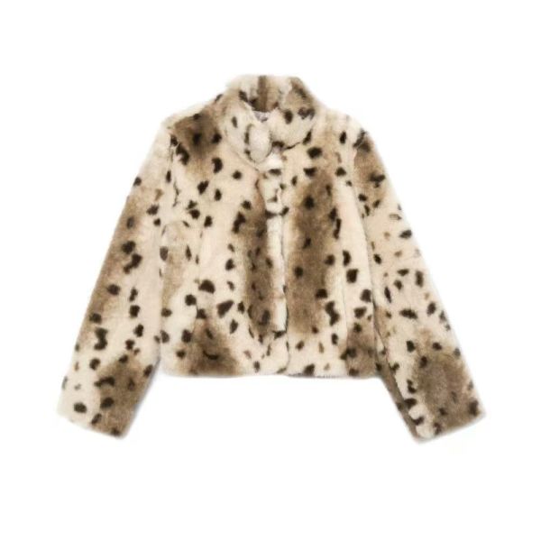 Retro Faux Leopard Fur Long Sleeved Stand Up Collar Short Jacket