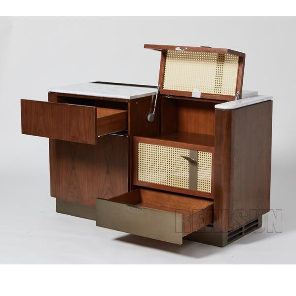 Walnut Veneer Functional Console Hotel Room Dresser With Brushed Brass Metal Base