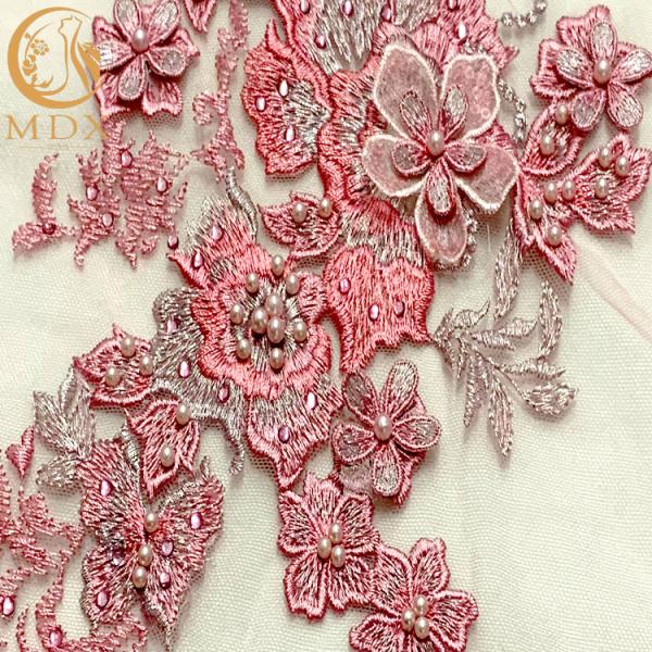 French Tulle Net Lace Fabric Pink 3D Flowers Embroidery For Party Dress