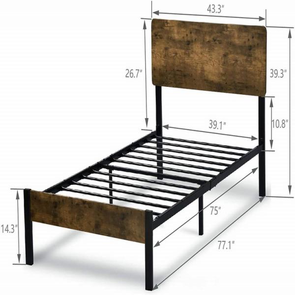 Platform Twin Metal Bed Frame With Wood Headboard And iron Slats
