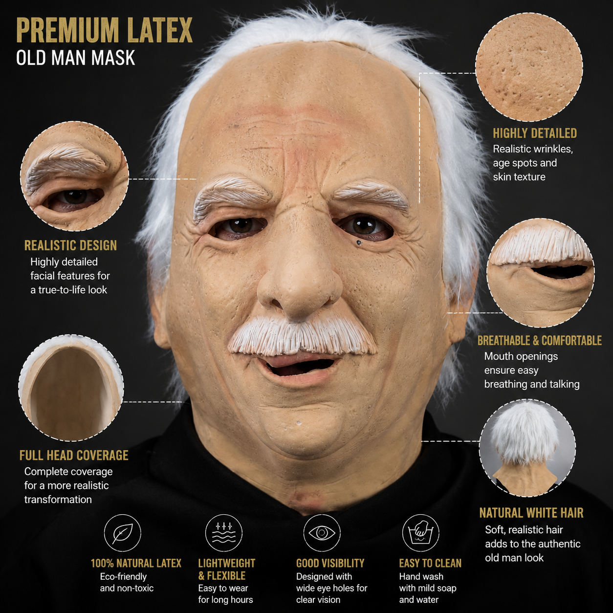 Realistic Old Man Latex Mask with White Hair, Mustache and Wrinkled Elderly Face Design, Full Face Character Mask for Halloween Cosplay Costume Party, Stage Performance, OEM Factory Supplier