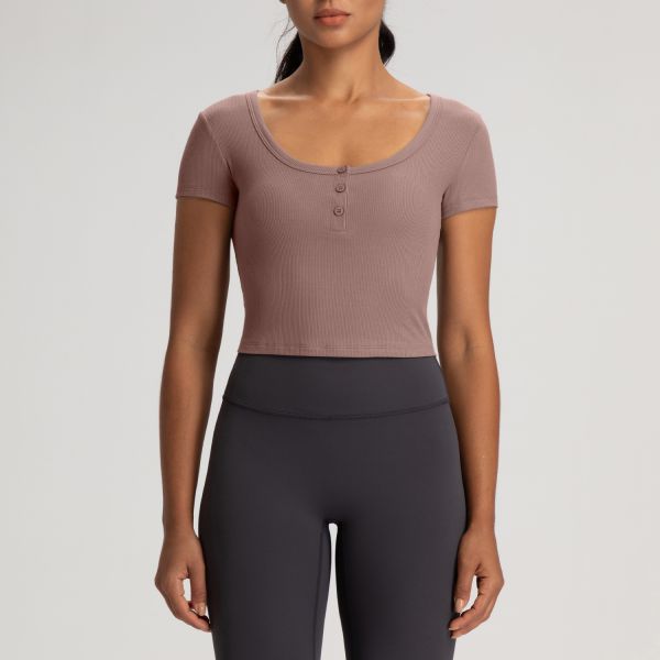 Yoga Ribbed Knit Cropped Short Sleeve Henley Top Mauve Slim Fit for Women
