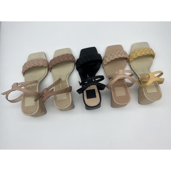 Tan Woven Ladies Soft Leather Sandals Peep Toe With Metal Buckle