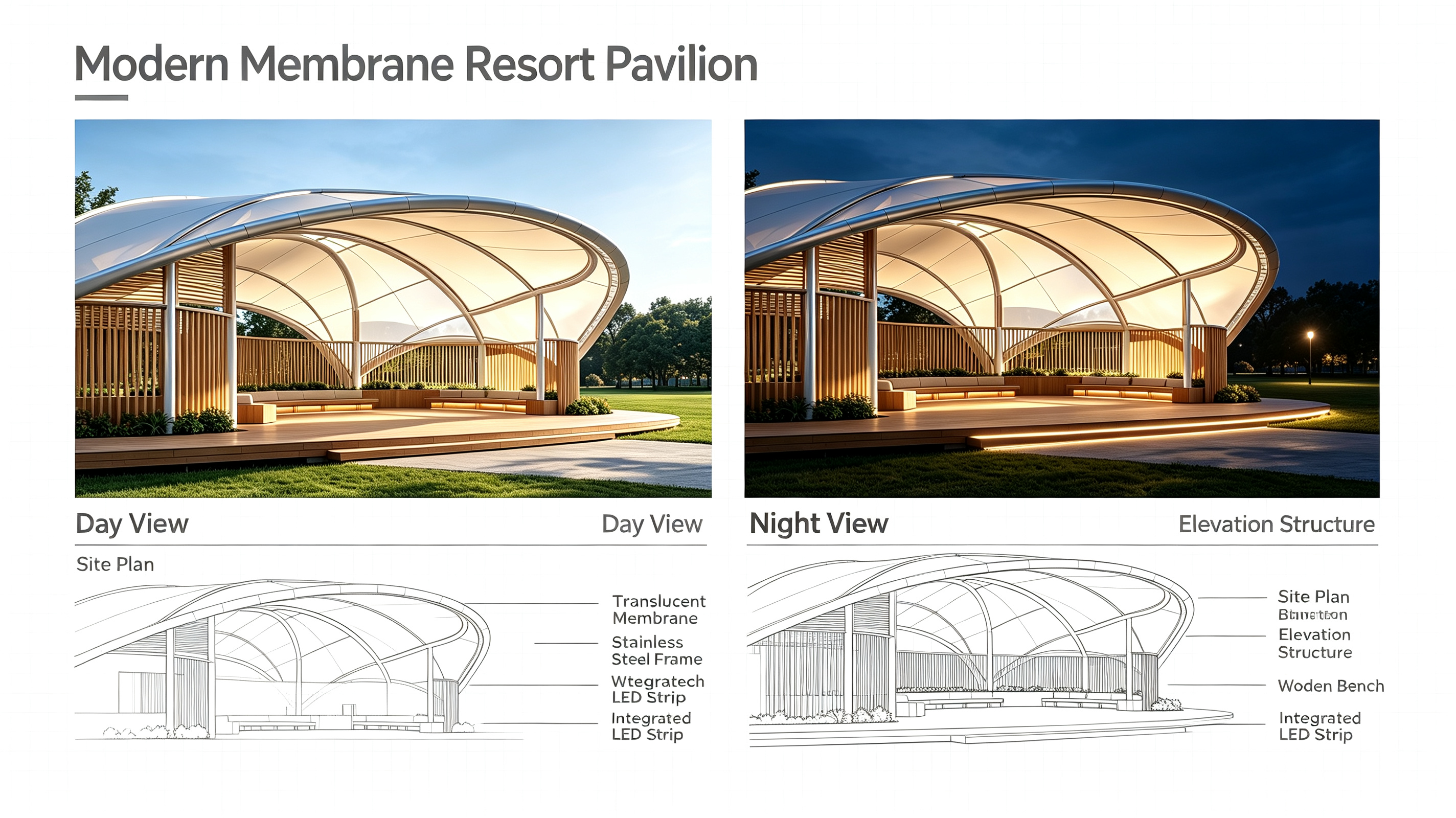 Custom Stainless Steel Tensile Membrane Pavilion with High-Performance PVDF Canopy for Multifunctional Public Spaces