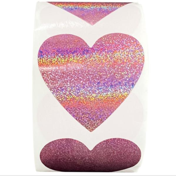 Laser Heart Pink Holographic Sticker Glitter Sealing Labels 500pcs/Roll For Gift Box Packaging