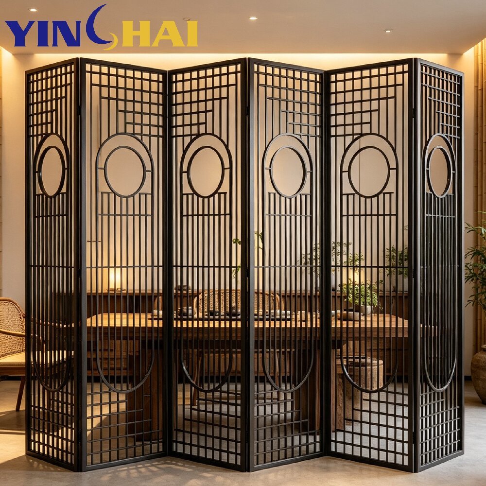 Stainless Steel Folding Screen Room Divider Modern Geometric Metal Partition
