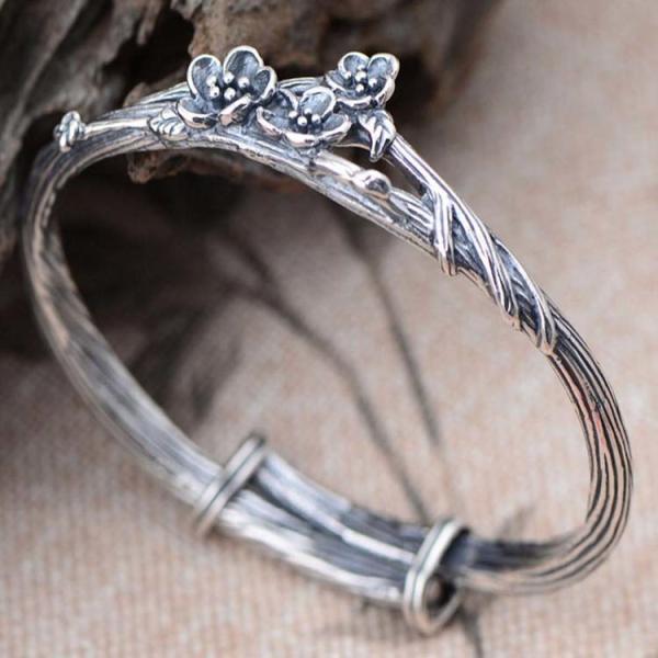 Sterling Silver Bangle Cuff Bracelet Engraved Flower Vintage Jewelry (049093W)