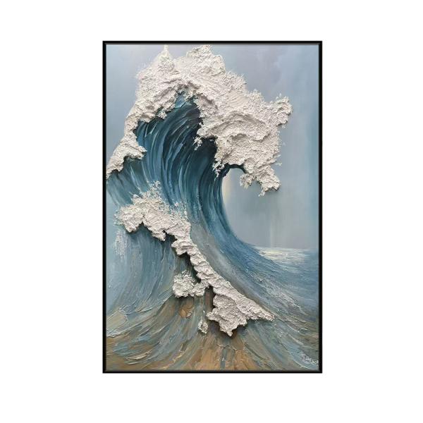 Peinture à l'huile peinte à la main au bord de la mer avec des vagues bleues de l'océan