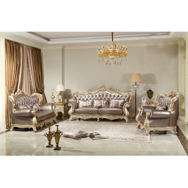 Brown Genuine leather 1+2+3seat Sofa in Classic carving Furniture Sliver color Joyful Ever