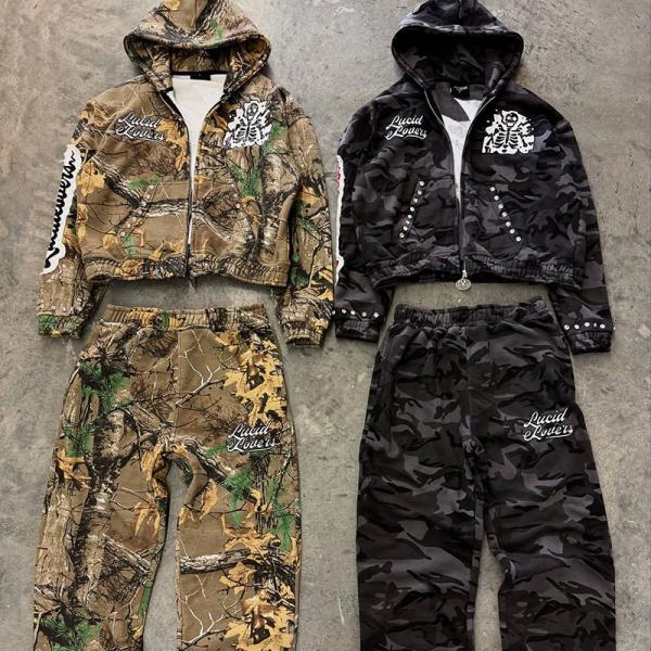 Custom Tracksuits Men Full All Over Dtg Print Zip up Hoodie Streetwear Baggy Stacked Vintage Flared Sweatpants and Hoodies Set