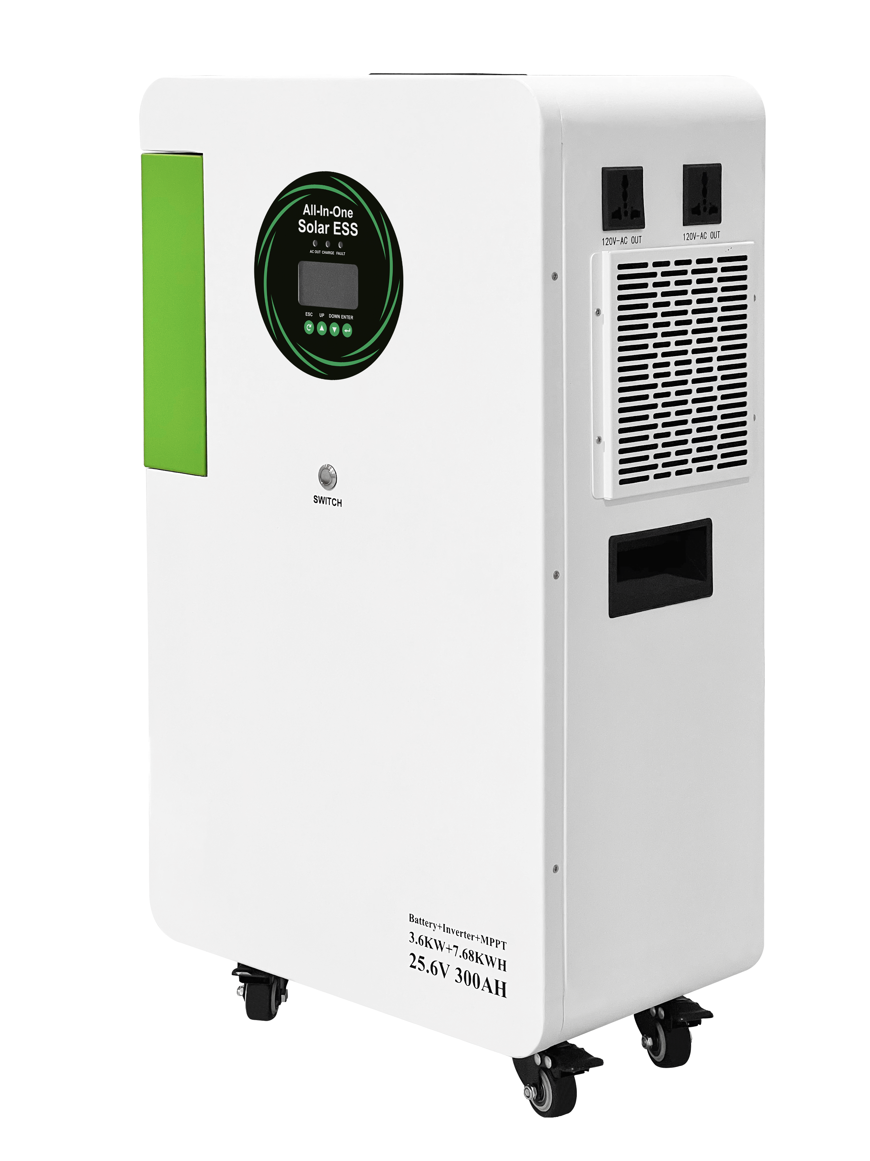 3.6KW 7.68KWH All‑In‑One Solar ESS,25.6V Large‑cell,60Hz Pure Sine Wave,Off‑grid Backup,Dual PV/Mains Charging,Long‑cycle Safe Home Energy Storage