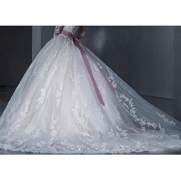 Off The Shoulder Ball Gown Wedding Dress Beaded Belt Long Sleeve Lace Tail