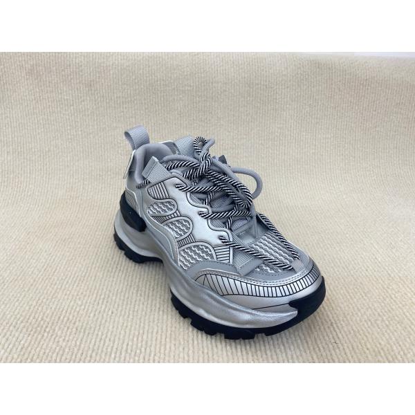 Fashion Comfort Sneakers With Mesh Upper Authentic Leather And Lacing Silver