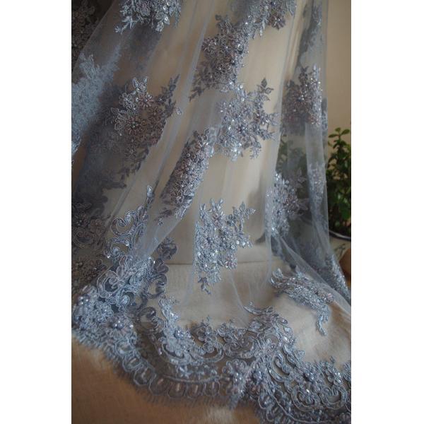 Побледнейте - голубая вышитая бисером ткань шнурка цветка 3Д двором для платья свадьбы