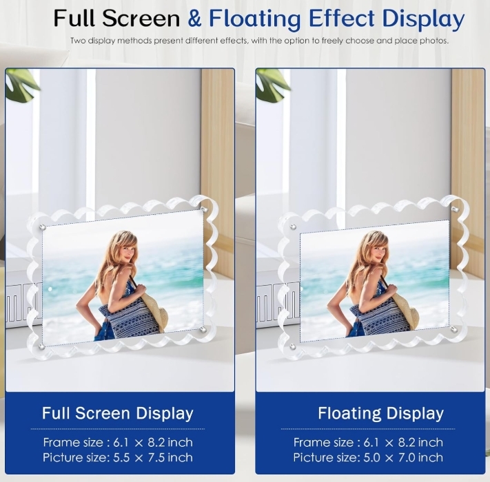 Custom Size Clear Scalloped Acrylic Photo Frame with Magnetic Closure for Double View Display