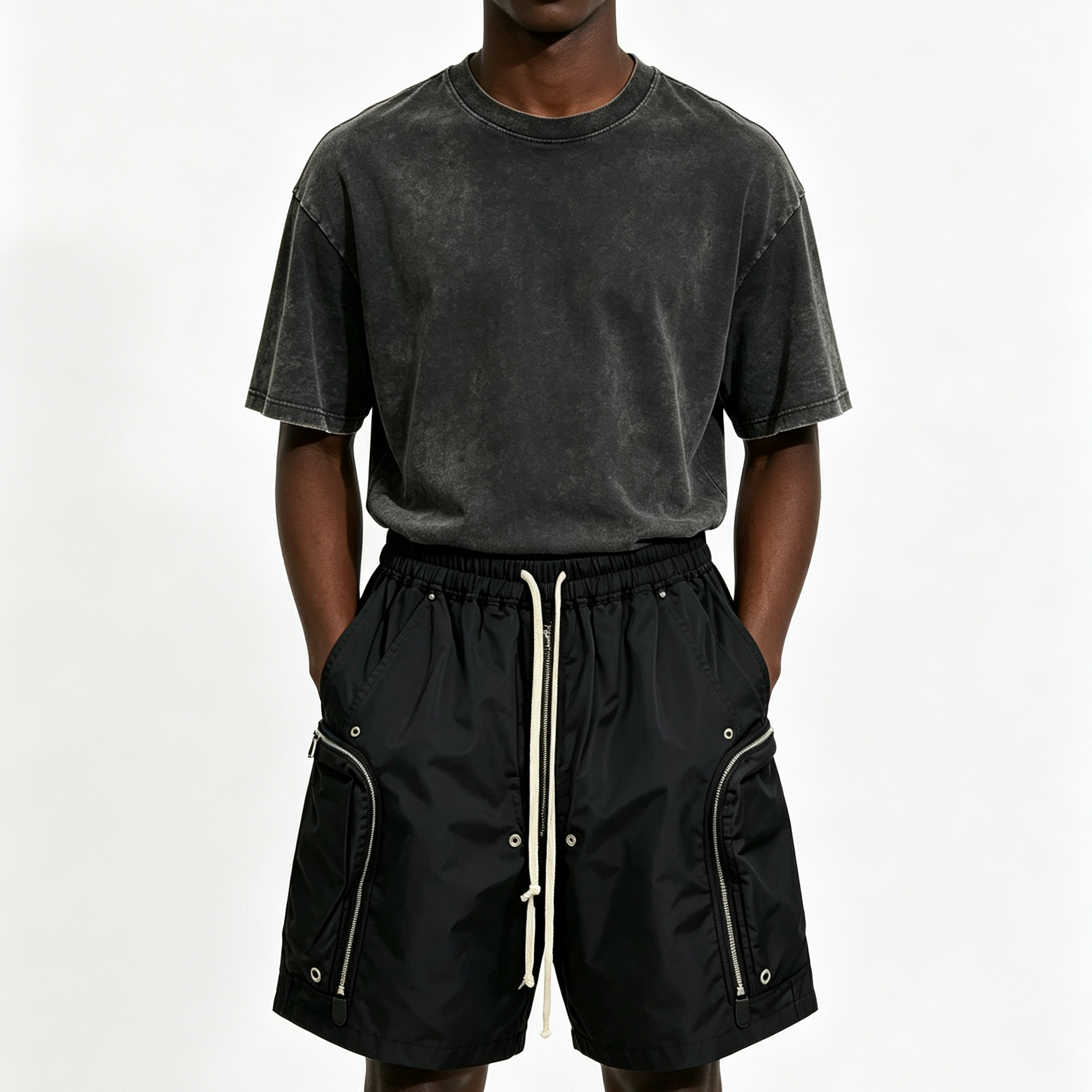 Dark Sports Sweat Shorts Multi Zipper Mens Drawstring Cargo Shorts RO Style