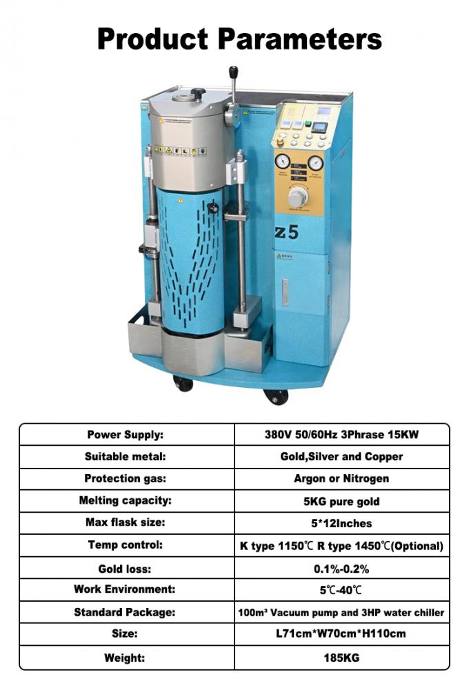 Semi-auto Vacuum Pressure Casting Machine with 5KG Melting Capacity, 0.1%-0.2% Gold Loss, and K type 1150℃ Temp Control