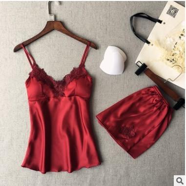 Sleeveless Top Shorts Nightdress Sexy Lace Silk Pajamas For Women