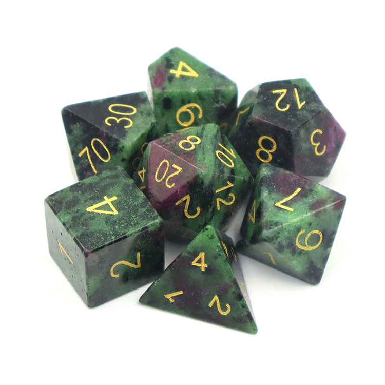 Natural Ruby Zoisite Gemstone Polyhedral Dice Set - Hand Carved DND Dice with Golden Paint Engraved Numbers