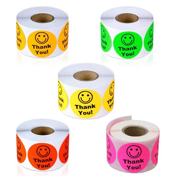 CMYK Colorful Waterproof Round Thank You Sticker Labels 1Inch Smile Face