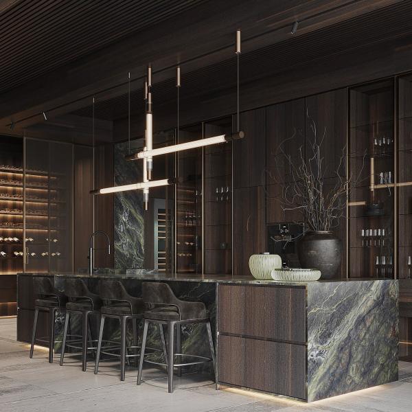 Muebles para el hogar de lujo Modular Veneer de madera de nuez Matt Negro Color Puerta de vidrio Gabinete de cocina Diseño moderno