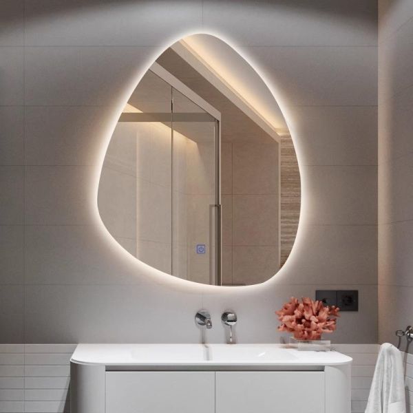 Kingstin Asymmetrical LED Bathroom Mirror Pebble Irregular Wall Mounted Lighted Vanity Mirror 3 Colors Dimmable