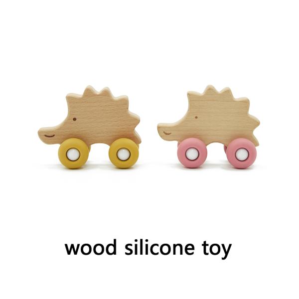 Beech Wood Hedgehog Car Personalised Baby Rattle Food Grade Silicone