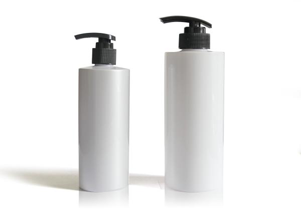 White Cylinder PET Cosmetic Bottles With Black Plastic Pump Dispenser