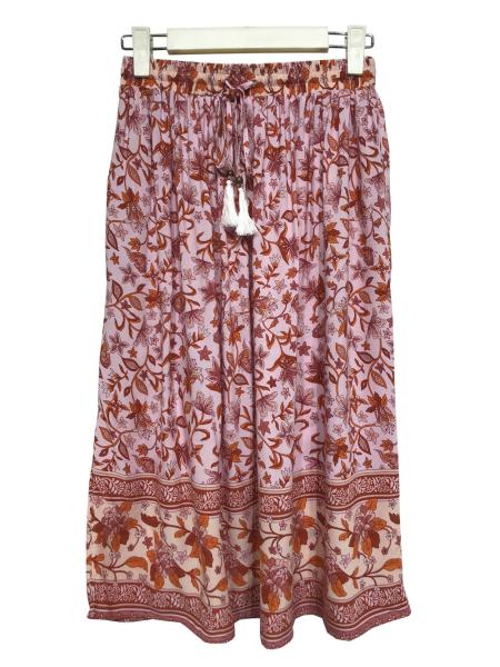 Ladies Fashion Long Printed Wide Trousers With Elastic Waistband of Tassel