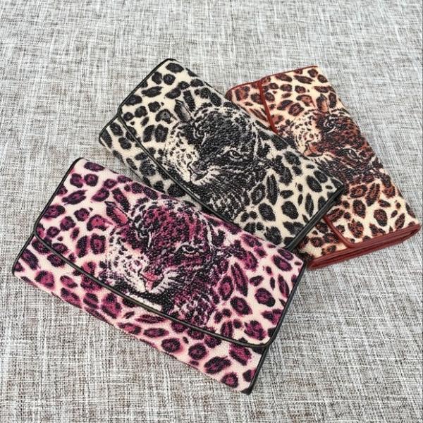 Authentic Stingray Skin Leopard Tiger Designer  Long Wallet Genuine Leather Women Large Clutch Purse Lady Card Holder