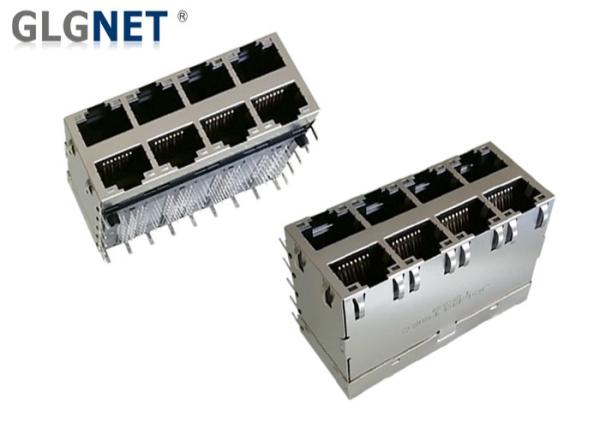 Eight Ports RJ45 Jack Connector 1.27mm Terminal Pitch With Light Pipes And EMI Springs