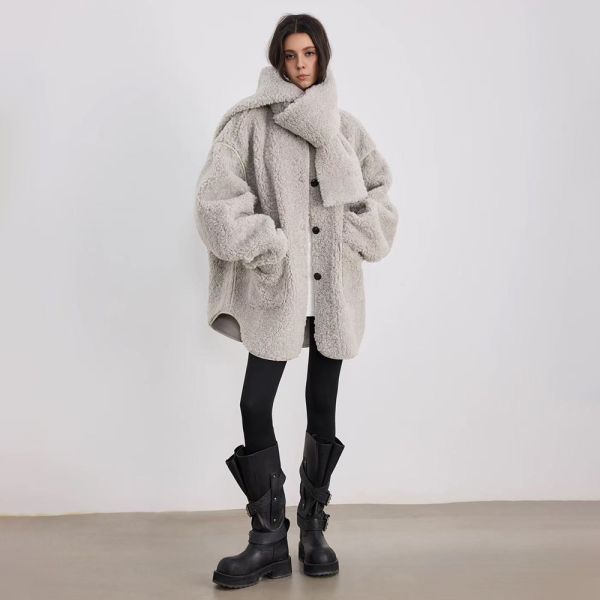 Teddy Colored Faux Sheep Fur One Piece Plush Coat With A Scarf Included