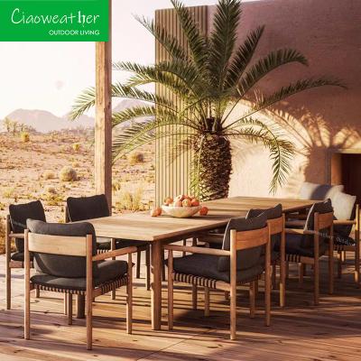 Modern Hotel Outdoor Furniture Set PE Rattan Solid Teak Wood Courtyard Chair and Garden Dining Table with Outdoor Cushion