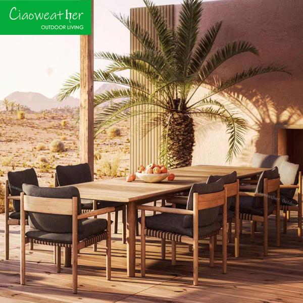 Modern Hotel Outdoor Furniture Set PE Rattan Solid Teak Wood Courtyard Chair and Garden Dining Table with Outdoor Cushion