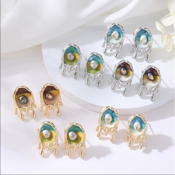 Fashion 14K Plate Gold French Retro Baroque Natural Pearl Earrings Enamel Monet Garden Style Studs Jewelry Gift