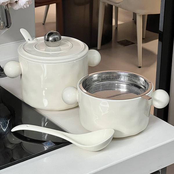 Stainless Steel Lid and Printed Features White Ceramic Noodle Bowl for Kitchen Storage